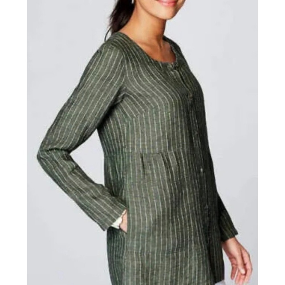 Pure Jill Linen Tunic Pinstripe Button Front Olive Green XS